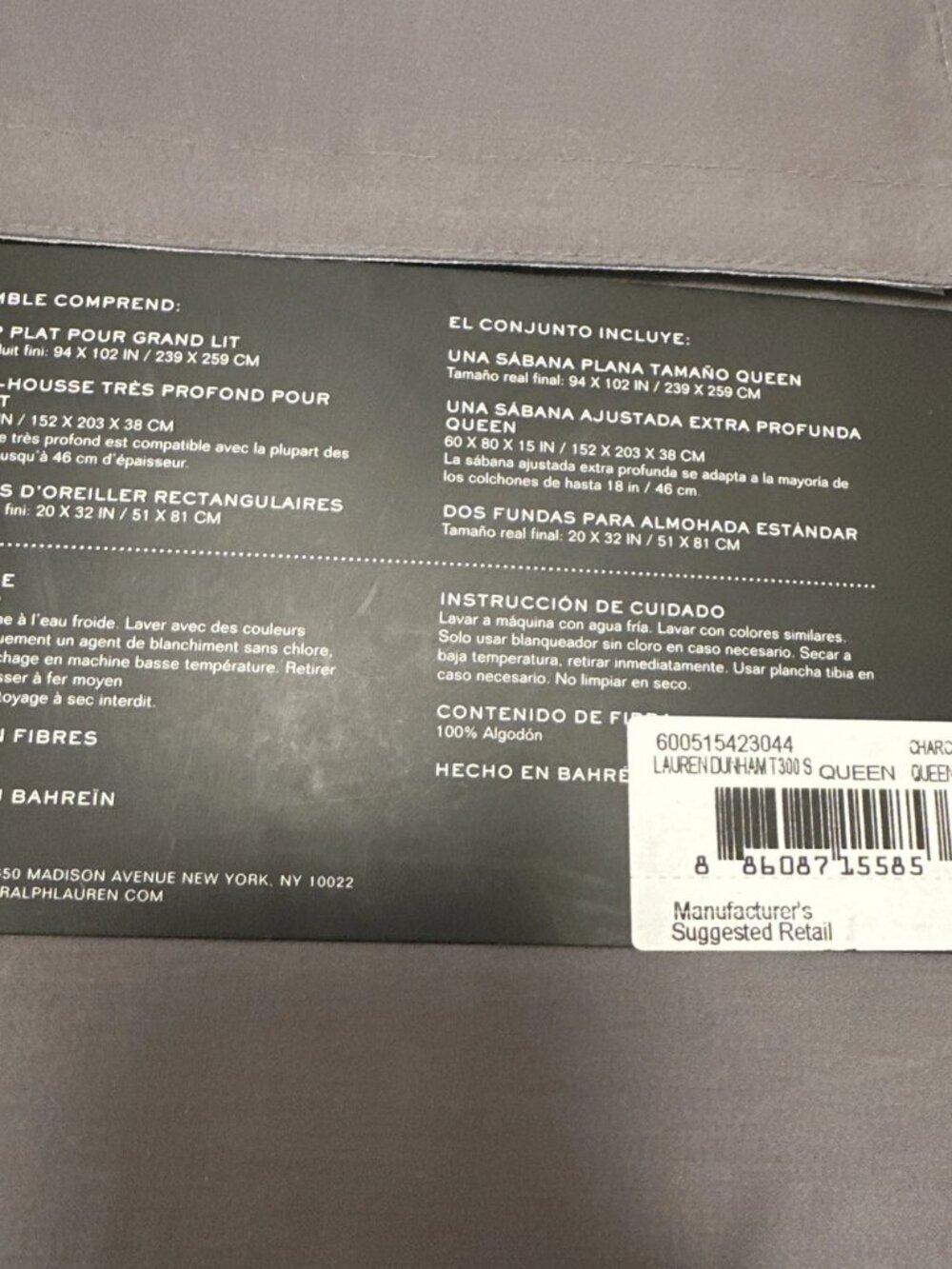 RALPH LAUREN 4PC Queen 100% Cotton Sheet Set Dunham Sateen Charcoal ECO PACKAGE